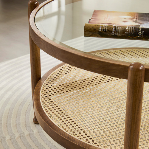 Mid-Century Modern Coffee Table Double Layers Glass Rattan Solid Wood Coffee Tables Manufactory