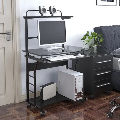 Home Office Mobile Computer Desk with Glass Tabletop
