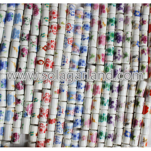 Flower Design Cylinder Ceramiczne Porcelany Charms Spacer Bead