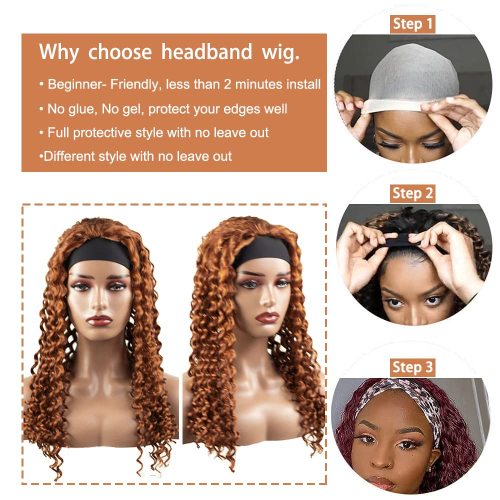 #30 Brown Curly Wigs Headbands Human Hair