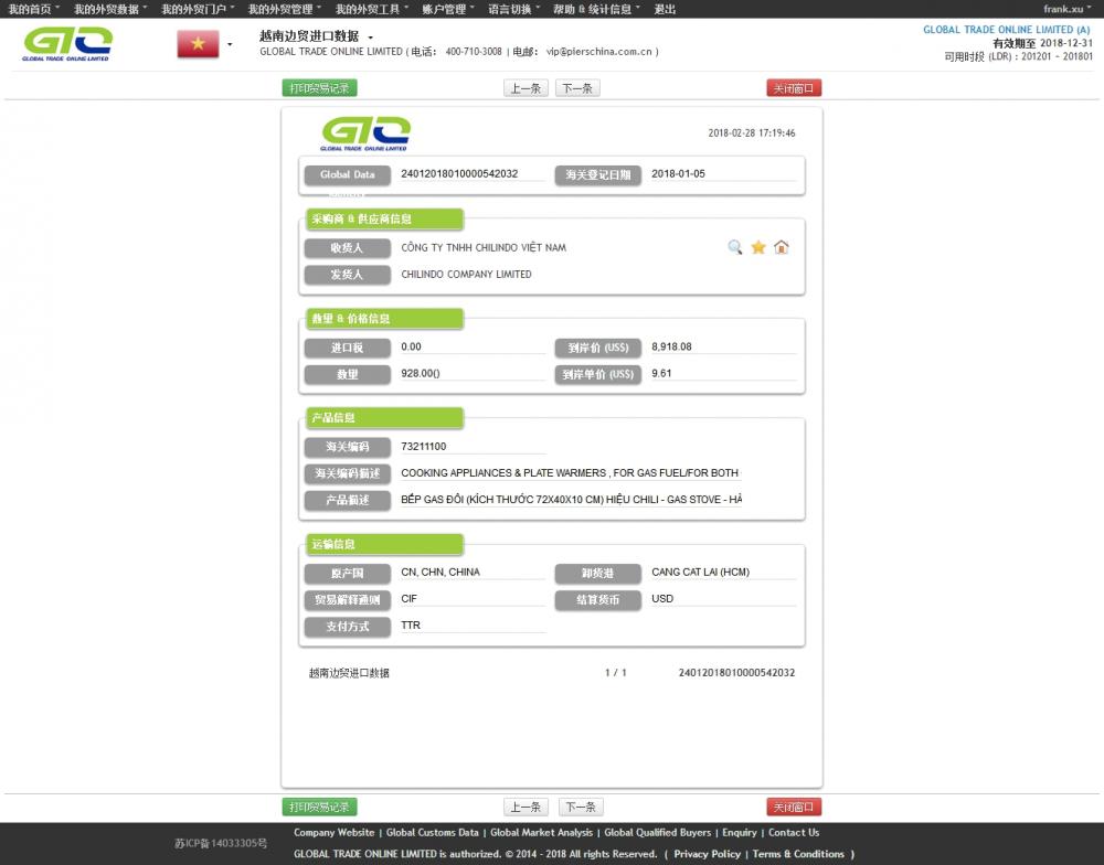 가스 스토브 베트남 가져 오기 및 내보내기 데이터