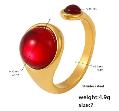 Stainless Steel Natural Crystal Elegant Red Garnet Ring