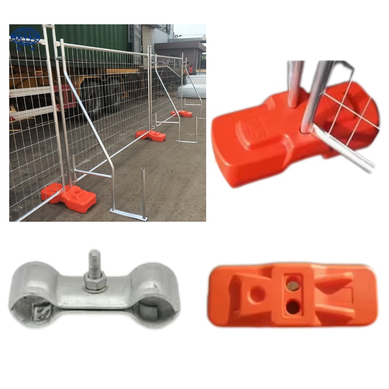 Quick Install Temporary Fence for Concerts – base and connection detail showing 25kg plastic base, hook‑and‑eye system, and frame feet