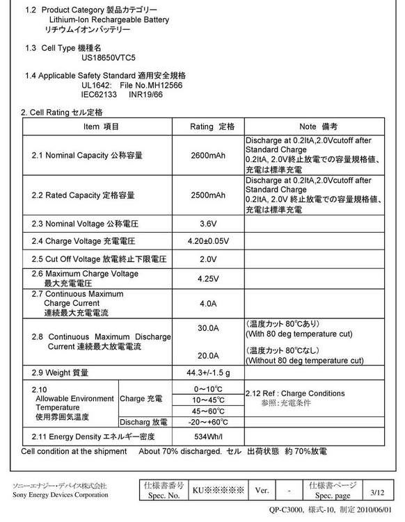 sony vtc5 datasheet p1