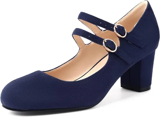 IDIFU Women's Dress Shoes for Women Pumps Mary Jane Heels Low Block Round Closed Toe Wedding Office Work