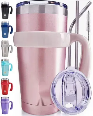 Stainless Steel Triple Insulated Drinking Cup Straw Handle Brush Travel Mug
