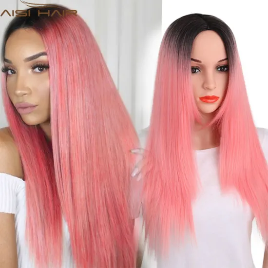 Factory Price Long Silky Straight Wave Hair , Ombre Pink Cosplay Wig , Synthetic Hair Wig