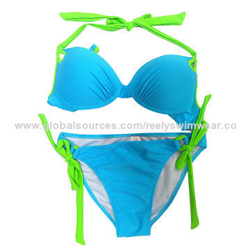 Adjustable Sexy Ladies' Blue Triangle Ruffled Bikinis, 80% Polyamide and 20% Elastane