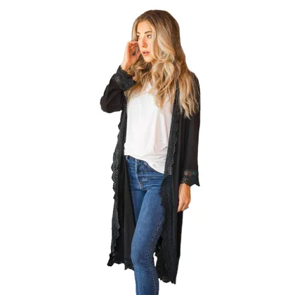 Women's 3/4 Sleeve Lace Trim Cardigan Coverup