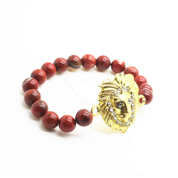 Red Jasper 8MM Round Beads Stretch Gemstone Bracelet with Diamante alloy Lion Head Piece