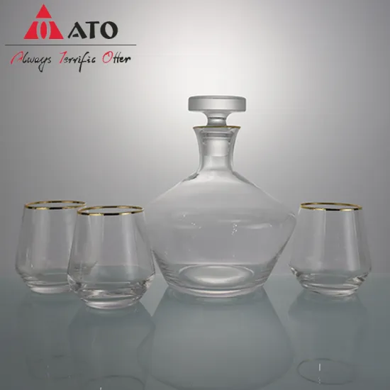 Handmade Decanter Set with 3 Carved Crystal Glass