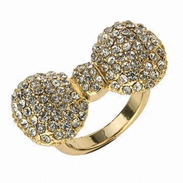Fashion Bow Clear Rhinestone Ring with Gold Plating and Smooth Solid Ring Base