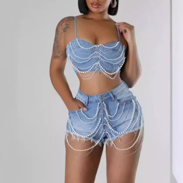 Chic und elegantes Großhandel Denim Pearl Sommeranzug Set: Tank beschnittene Top und Shorts für Frauen