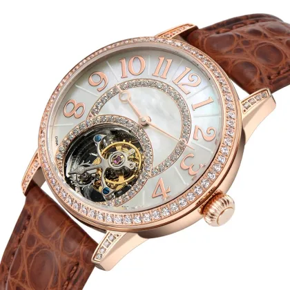 Custom Lady Tourbillon Watch Automatic Movement, Fashion Leather Strap Watch For Girls
