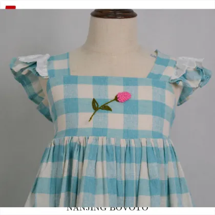 Boutique Girls Cotton Linen Checked Skirt Girl Dress
