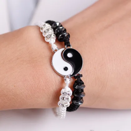 Handcrafted Yin Yang Tai Chi Couples Bracelets: Adjustable Matching Taiji Trigram Cord Jewelry for Partners