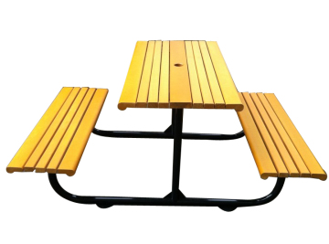 outdoor wood tables and benches