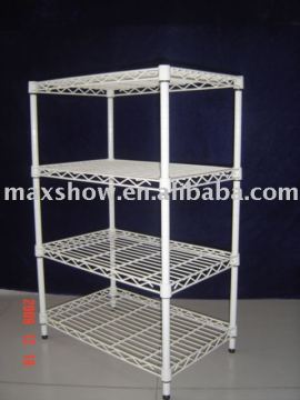 white epoxy coated wire metal display and storage racking with wheels
