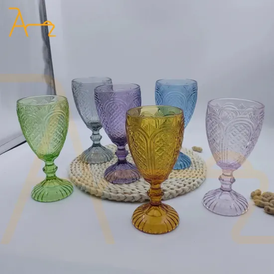 Wholesale Embossed Design Wedding Glassware: Blue Amber Water Cups, Colorful Vintage Wine Glasses, and Goblets