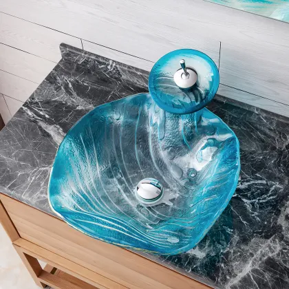 Sky Blue Crystal Tempered Glass Washbasin for Art Hotel Bathroom