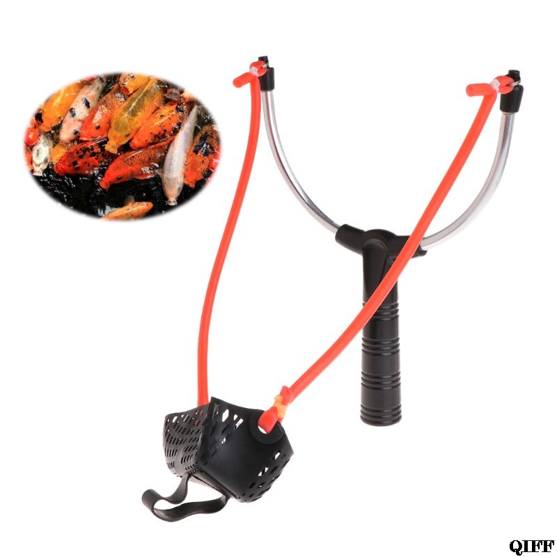 Fishing Bait Slingshot Thrower Aluminum Alloy Elastic Powerful Catapult Food Bag MAR28