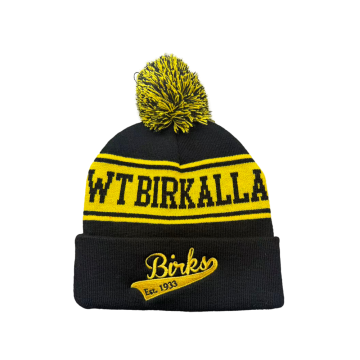 Beanie Rajutan Jacquard dalam Blok Warna Hitam dan Kuning