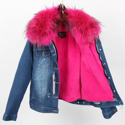 OEM ODM Women Denim coat Faux fur thick lining coat raccoon fur Big collar bomber jacket