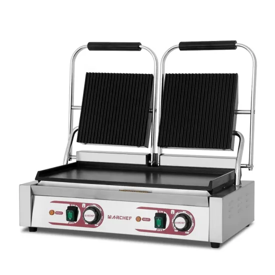 CE Certified Double Half Ribbed Half Flat Hotplate Commercial Panini Grill Industrial Sandwich Press