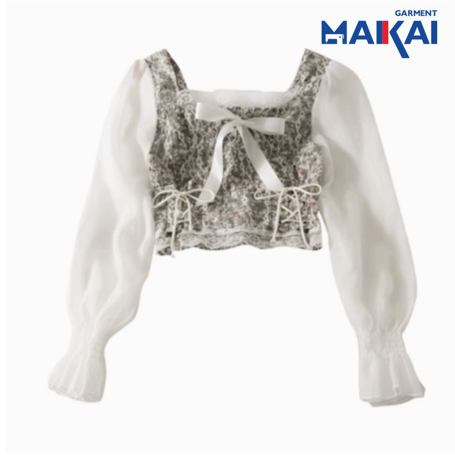 Elegante TIE Back Tie Top de cabeceo de encaje de manga larga
