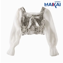 Elegante TIE Back Tie Top de cabeceo de encaje de manga larga