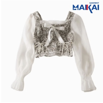 Elegant Bow Tie Long Sleeve Lace Patchwork Top