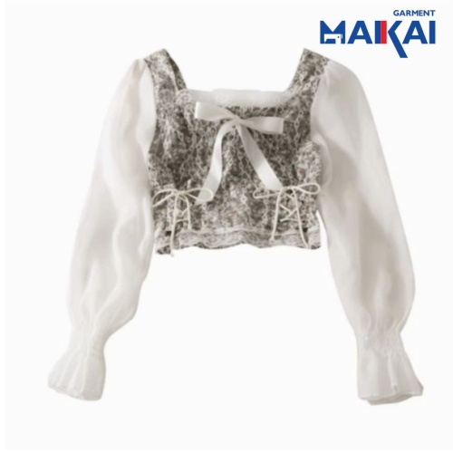 Elegant Bow Tie Long Sleeve Lace Patchwork Top