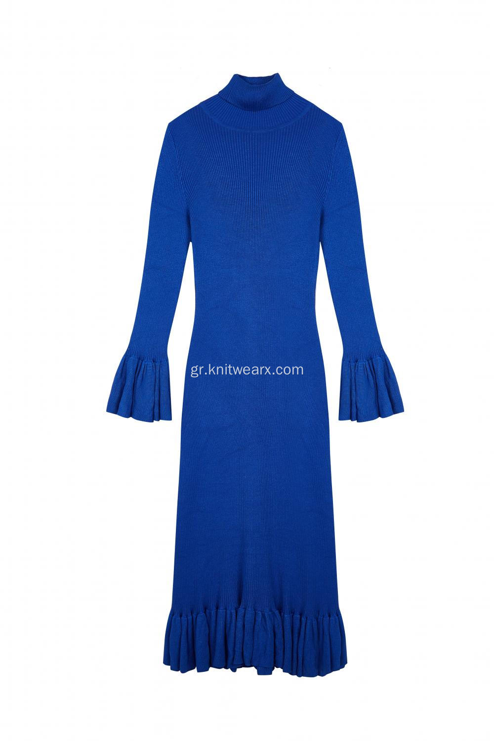 Γυναικείο πλεκτό ραβδωτό τεντώσιμο μανίκι μακρύ φόρεμα