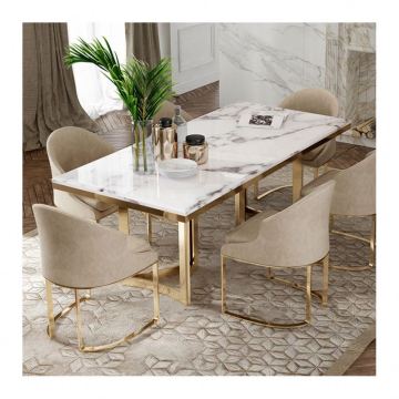 Modern Luxury Golden Stainless Steel Dining Table Set with Marble Top