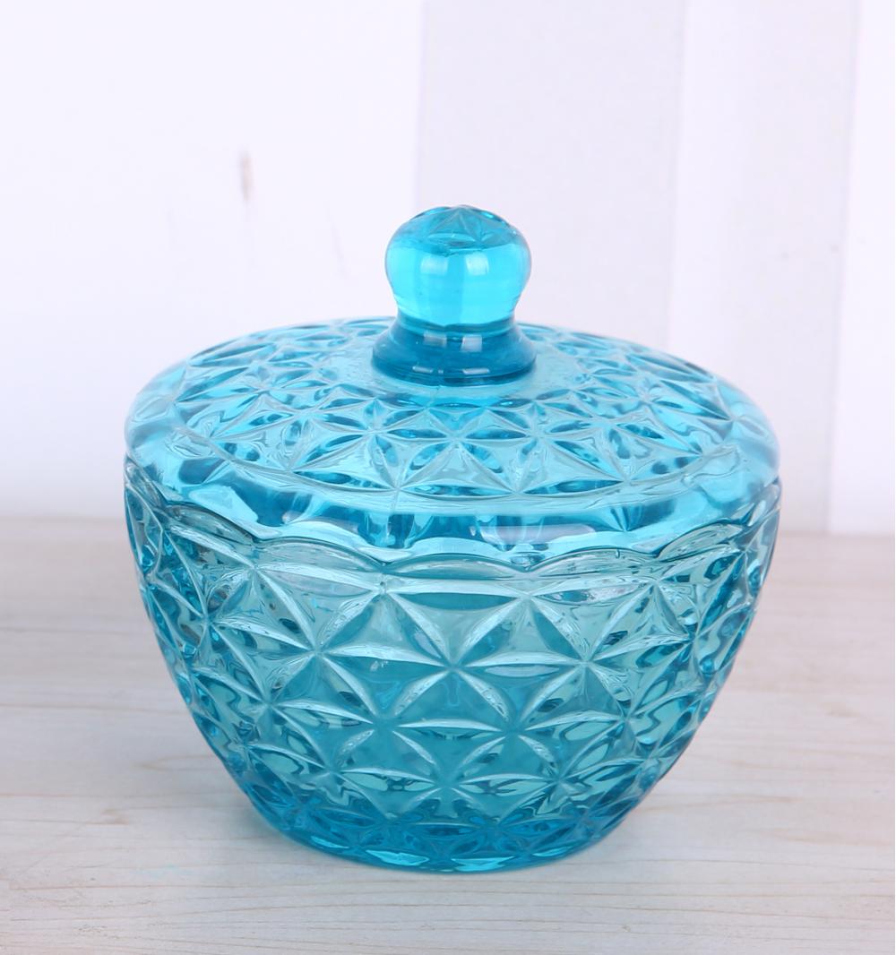 Blue Engraved Glass Candy Jar Storage Box With Lid