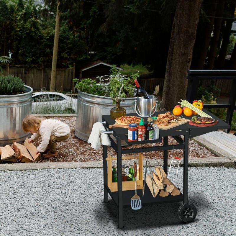 Multifunctional Kitchen Cart with Double-Shelf Versatile Grilling Table Outdoor Movable Dining Cart Trolley