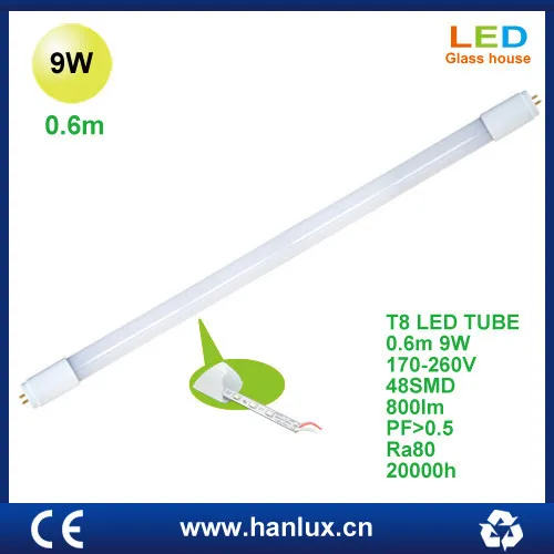 9W 0.6m T8 Glass LED tube