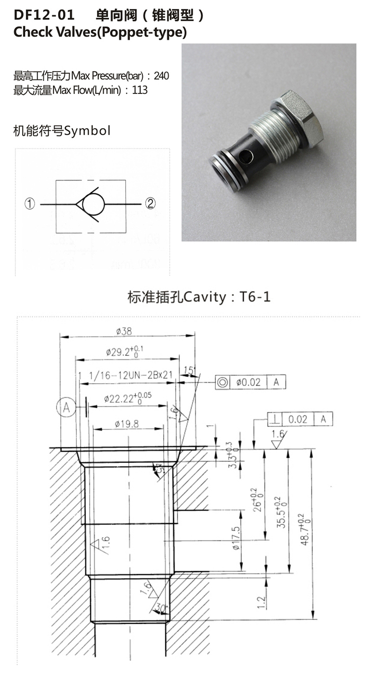 Low Price Hydraulic Cartridge One Way Check Valve