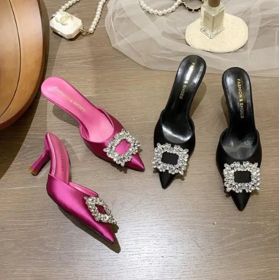 New Spring Collection: Crystal Silk Slippers with Pointed Toe and Stripes - Perfect for Party, Prom, and Lady Shoes