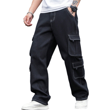High Quality Men's Stacked Denim Jeans: Loose Fit, Zip Fly, Cargo Pockets, Straight Leg, and Black Color