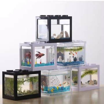 Transparent Mini Aquarium Betta Fish Tank with USB LED Lighting - Small Plastic Gift Tank