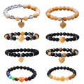 8pc A Set Gemstone Round Perles avec Bracelet de cœur Charka Guérison Crystal perles Stretch Bracelet pour femmes hommes