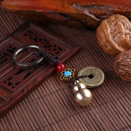 Handmade Vintage Brass Pixiu Keyring Pendants with Feng Shui Coins