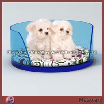 Round blue lucite/acrylic dog bed with cushion