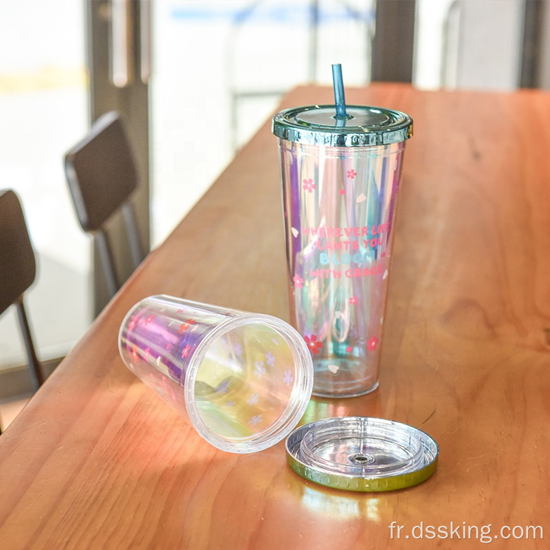 Tasse de couleur en plastique à double plastique imprimé en papier imprimé avec couvercle et paille