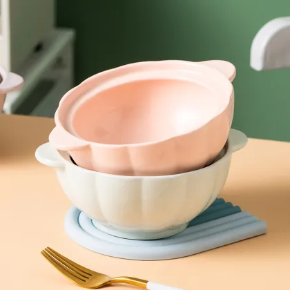 Ceramic Noodle Bowl with Glaze, Double Ears, Anti-Scalding, and Glass Lid