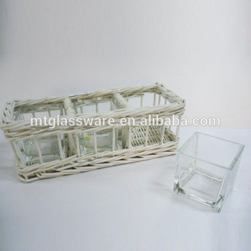 machine made clear glass square vase with bamboo basket