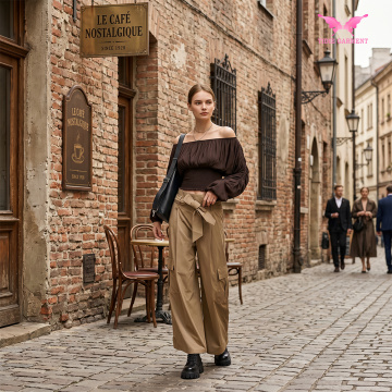 Pantaloni cargo rilassati a gamba dritta con vita allacciata