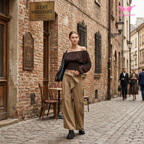 Pantaloni cargo rilassati a gamba dritta con vita allacciata