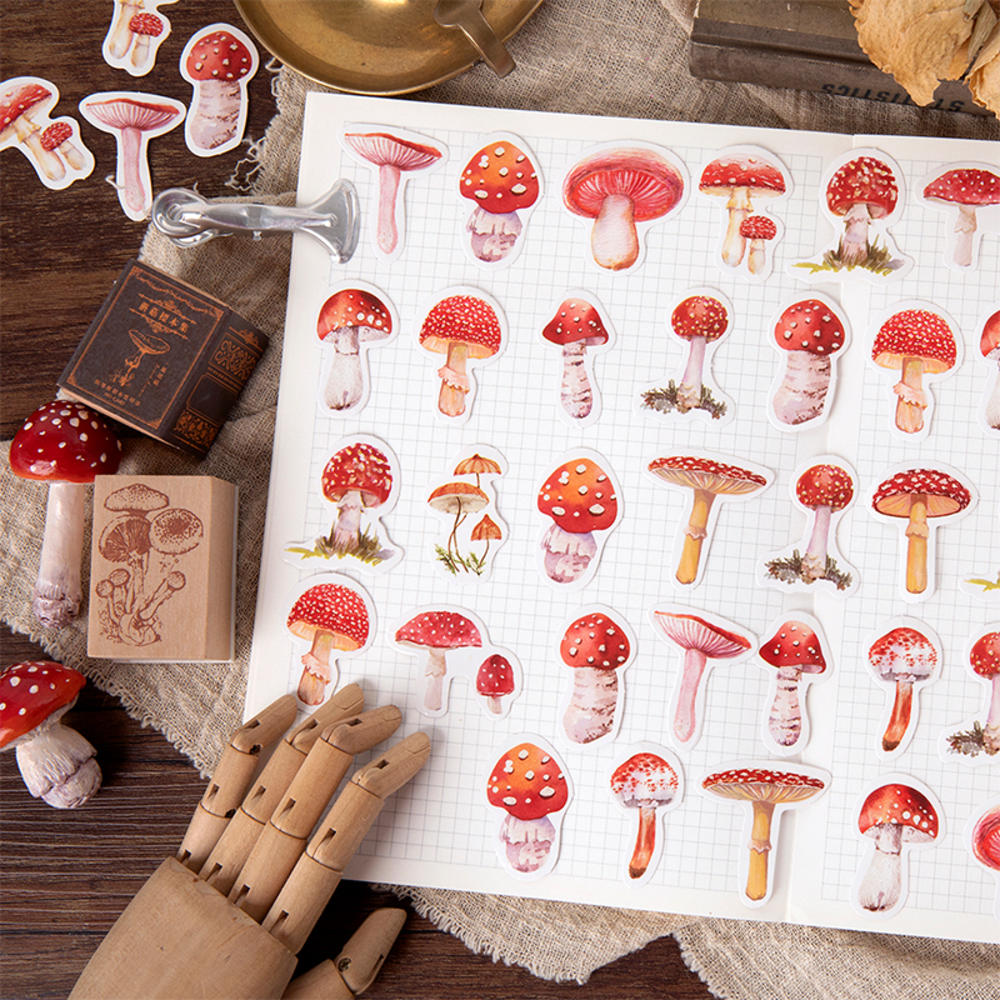 45 Pieces/Box Cute Red Mushroom Sticker Collection Stationery Creative Plant Manual Decoration General Sealing Paste